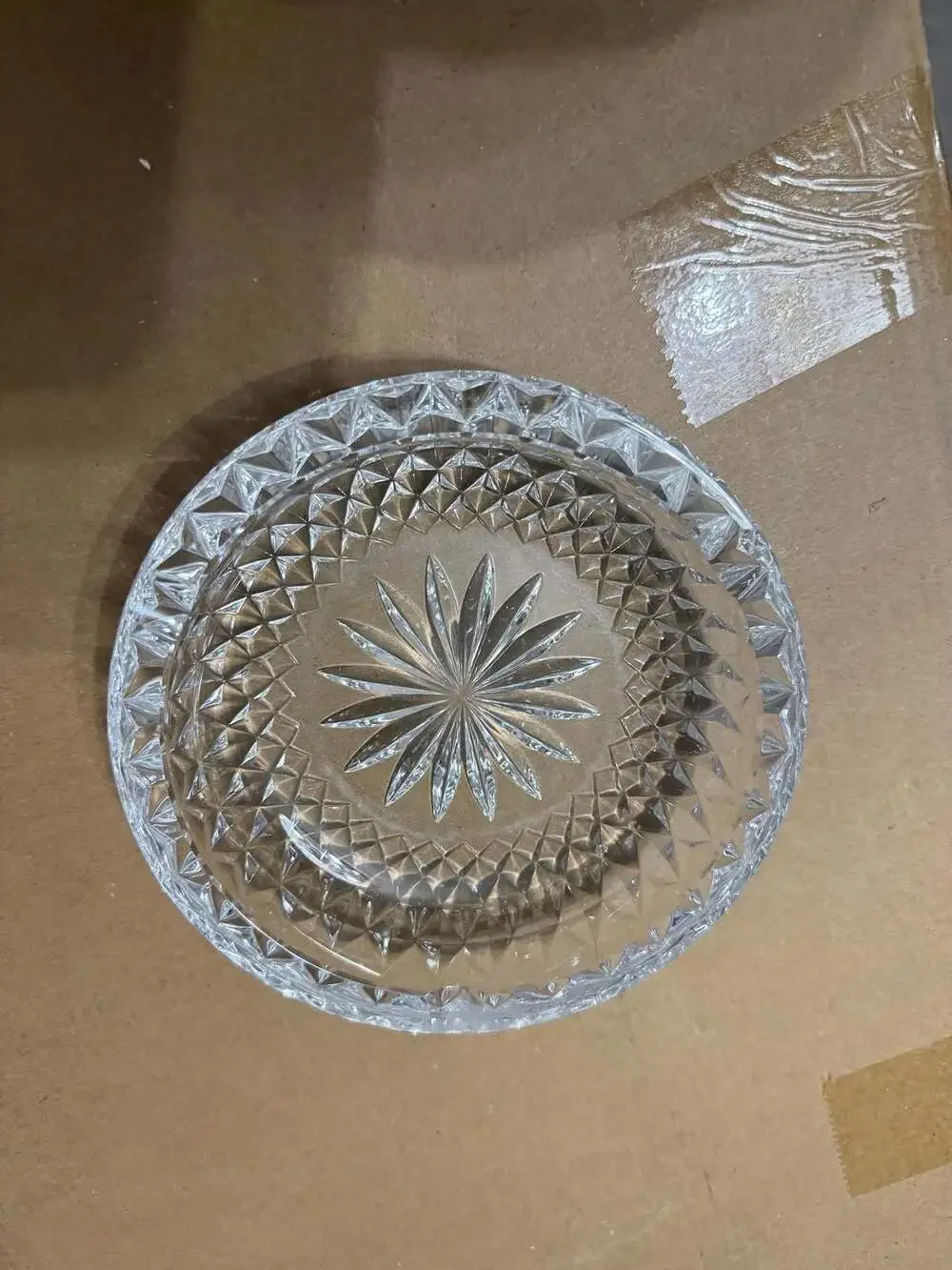 Pressed Glass Multi-Purpose Dish with Diamond Cut Pattern and Starburst Center